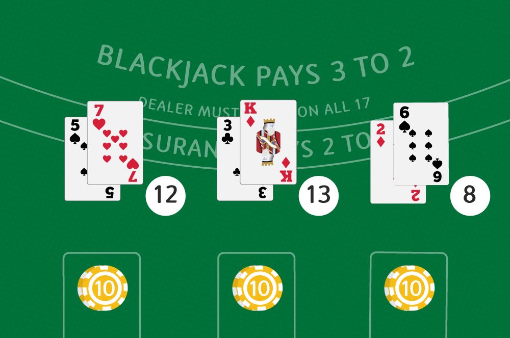 Players receiving their hands and have already placed their blackjack chips on the table