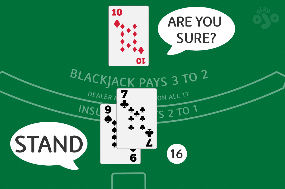 player with 9-7, dealer has a 10, player speech bubble saying “STAND”, and dealer thought bubble saying "are you sure"?