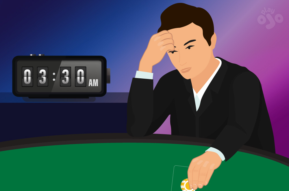 tired blackjack player, clock on wall showing 3:30am
