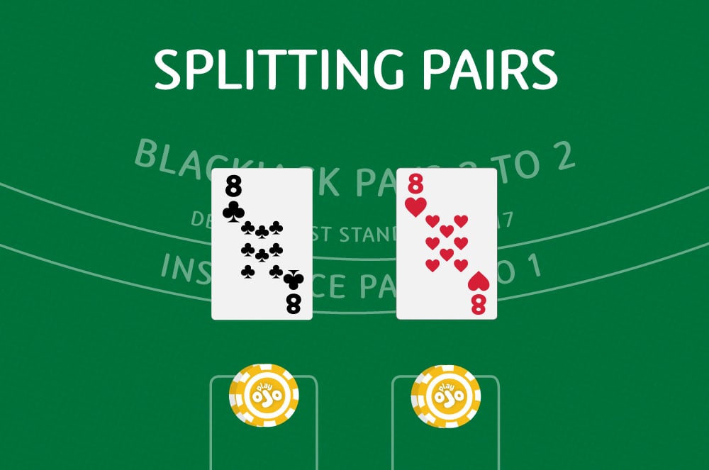 blackjack table with a split pair of Eights and a stack of chips