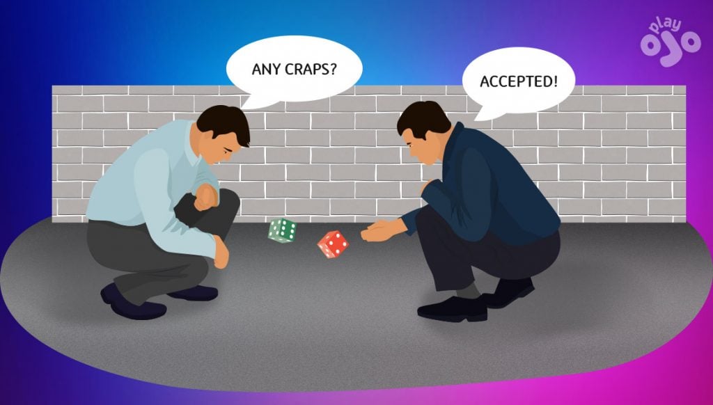  Graphic showing 2 players playing dice on the street. 1 player throws the dice against a brick wall