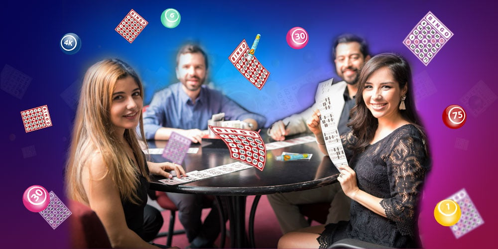 A person playing bingo with friends, surrounded by bingo tickets, bingo balls and daubers