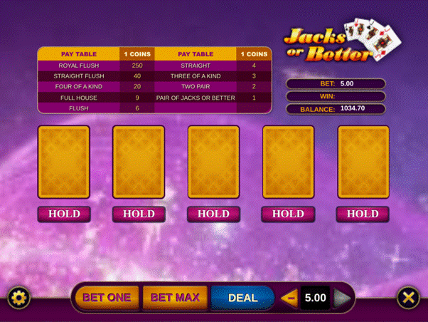 Jacks or Better video poker showing paytable at the top, five card positions in the centre and betting options along the bottom