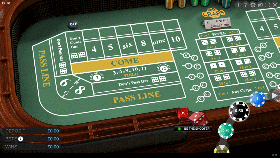 Craps game with a view of the table showing the various available bets such as Pass, Don’t Pass, Come and Don’t Come.