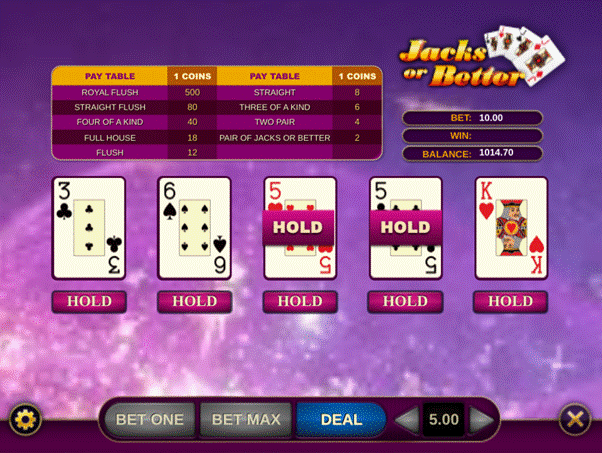 Jacks or Better video poker deal stage showing five dealt cards with two 5s held