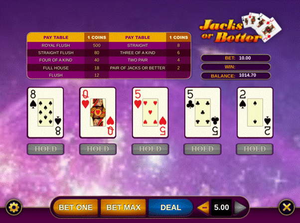 Jacks or Better video poker draw stage showing final five cards with Hold buttons greyed out