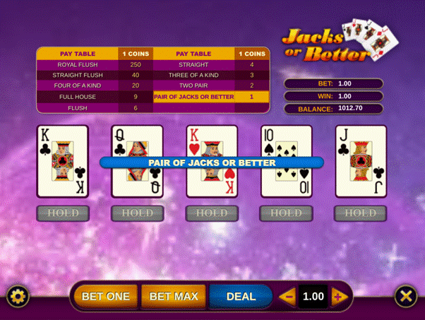 Jacks or Better video poker payout screen with Jacks or Better highlighted in the payout table