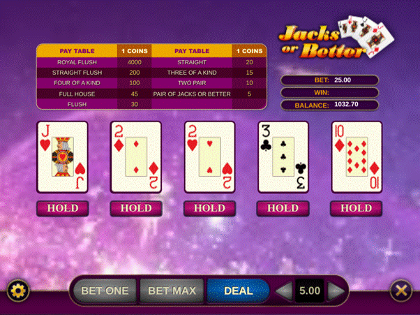 Jacks or Better video poker deal stage showing five dealt cards, including two 2s