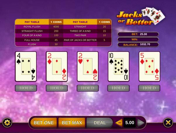 Jacks or Better video poker draw stage showing final five community cards with Hold buttons greyed out