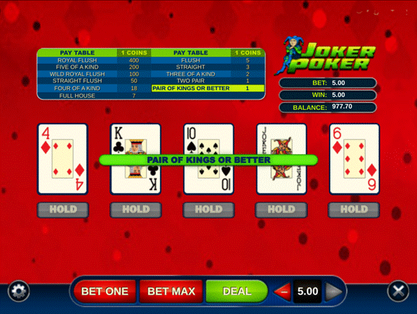 Joker Poker video poker game screen showing a kings or better hand