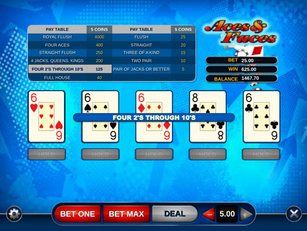 Aces and Faces video poker game screen showing four of a kind 6s hand