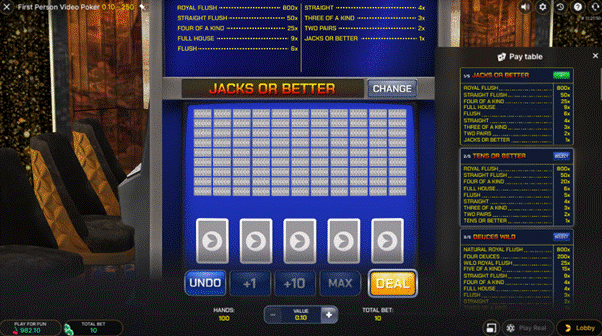 Evolution First Person Video Poker game screen showing five card positions at the bottom, 99 smaller card positions in the middle, a paytable at the top, and options to choose different video poker games to the right
