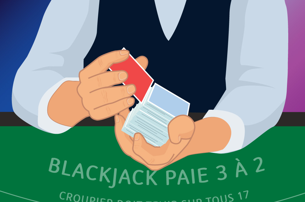 le croupier tient d'une main et place la carte rouge coupée à la fin du jeu de l'autre main.