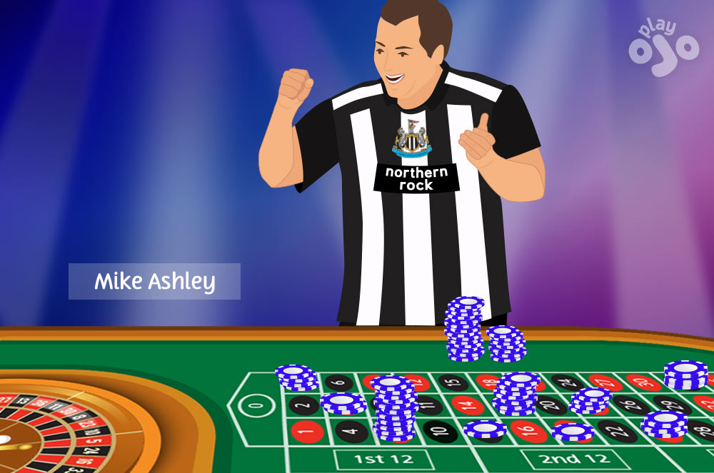 Guy who looks like Mike Ashley (large guy wearing a Newcastle United FC football shirt, see comment) with lots of big stacks of chips spread across the board