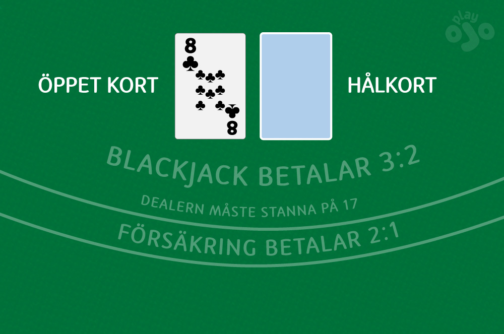 close-up of dealer hand (8 face up, second card face down, with labels for each card: UP CARD, HOLE CARD
