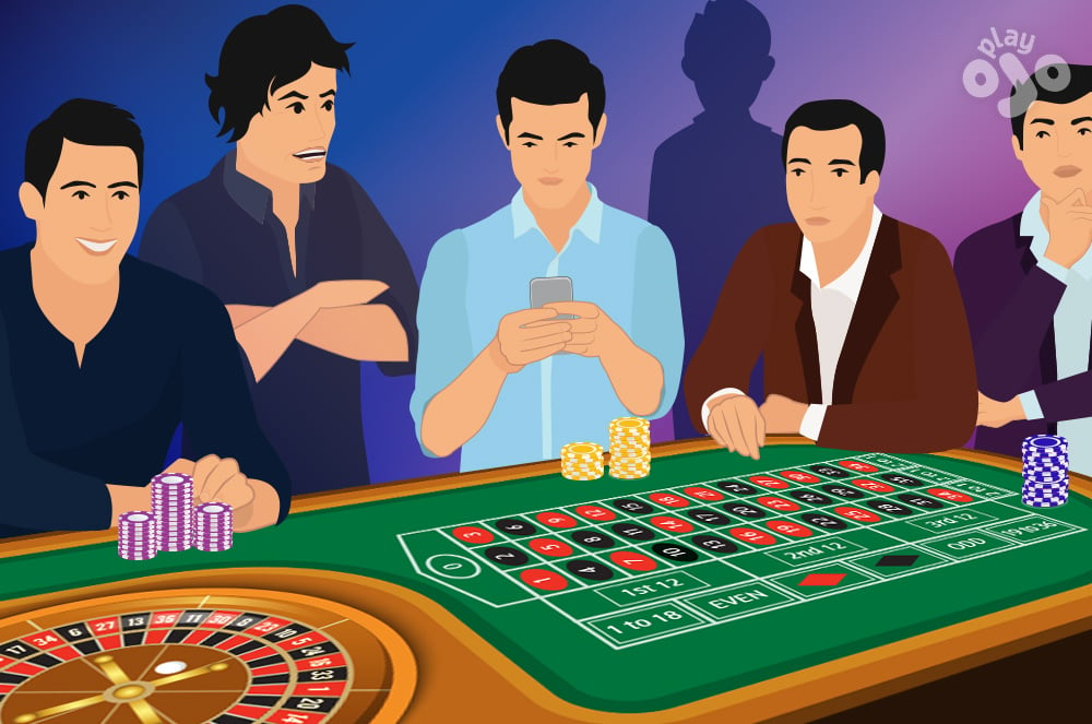 2 players beside the roulette wheel and 3 non-players standing beside them